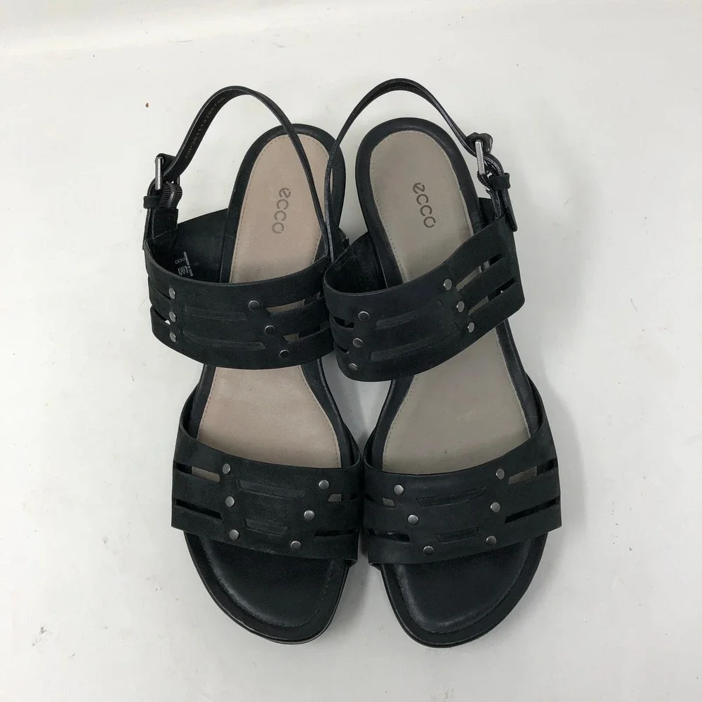 ECCO Womens Sandals 40 Wedge‎ Touch 45 Black Leather Studded Open Toe Heel
